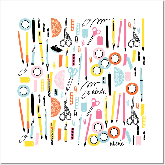 Cute Art Supplies with pens, pencils, scissors and washi tape Wall Art by kapotka